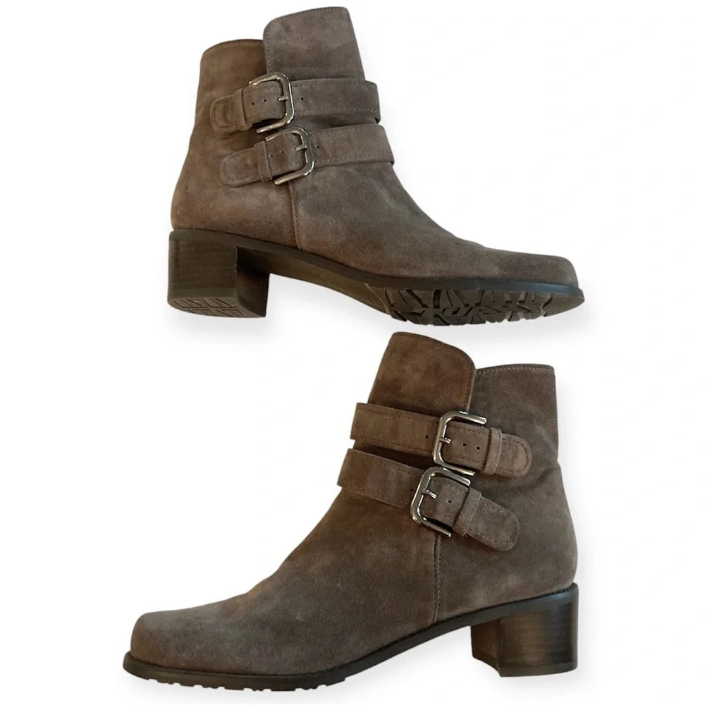 Stuart Weitzman Strapduo Ankle Boots Brown Suede Leather Buckle U256693 Size 9